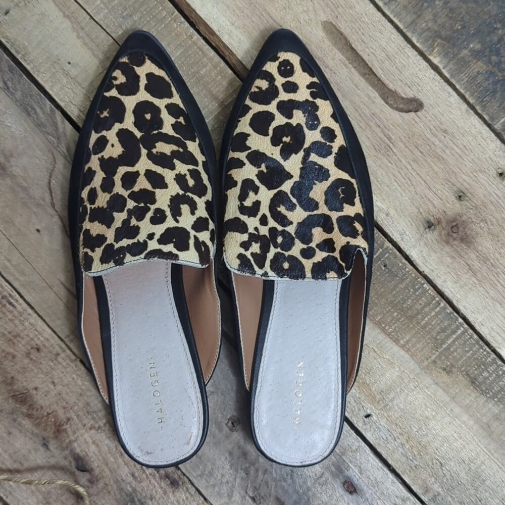 Boho Halogen Genuine Leather Leopard Printed Calf Hair Slip on Shoes